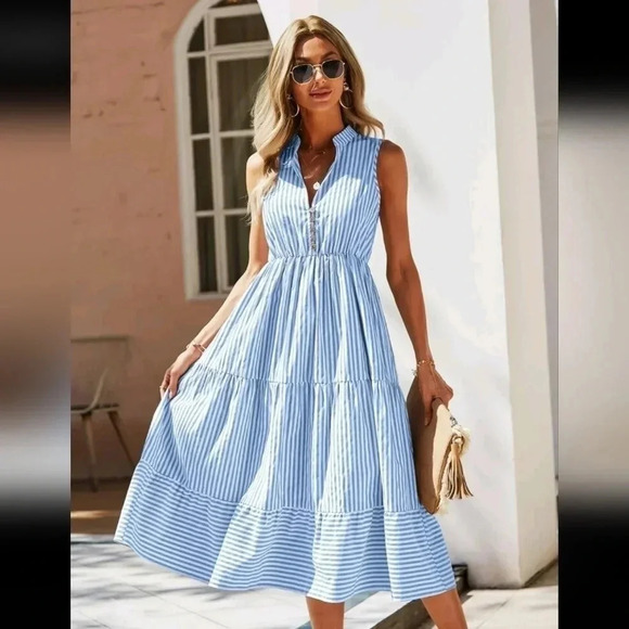 Striped Print Notched Neck A-line Dress - Picture 1 of 6